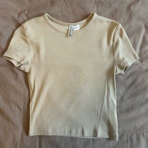 Divided Ribbed Short Sleeve Tee in Beige